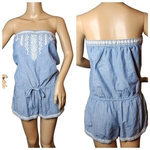 Hollister Light Blue Strapless Embroidered Romper